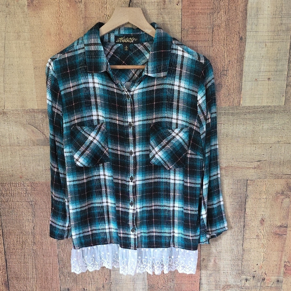 Absolutely Famous Teal Black, White, Teal Plaid Button-Down Shirt with Lace Hem